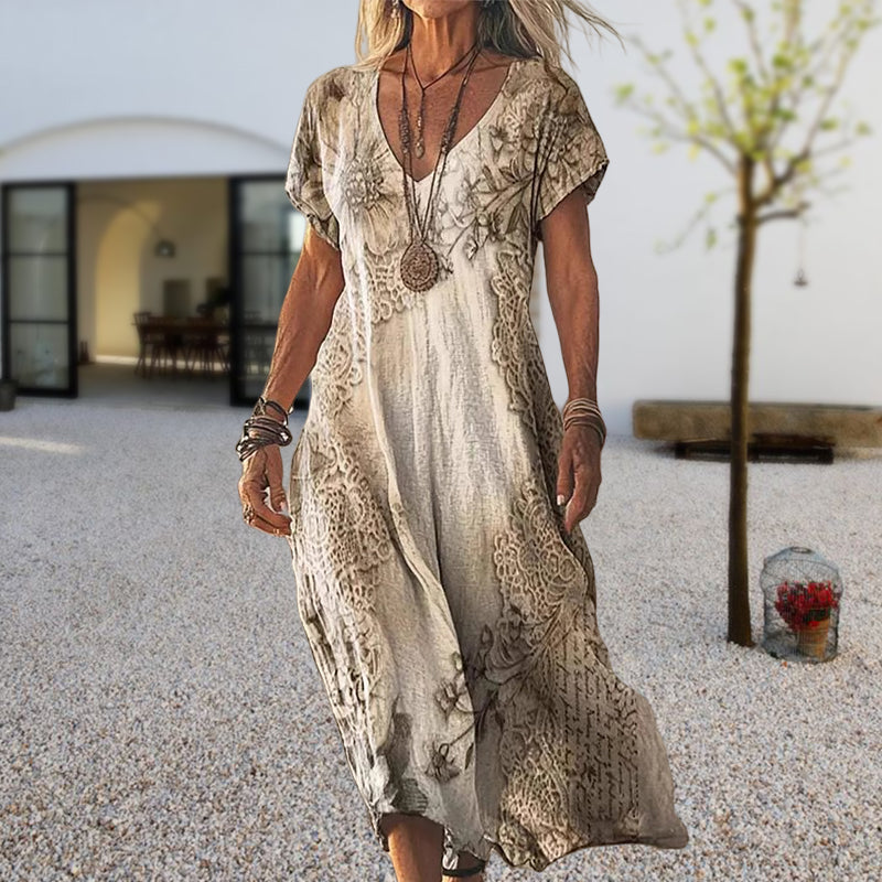 Robe longue imprimée à manches courtes et col en V pour femme