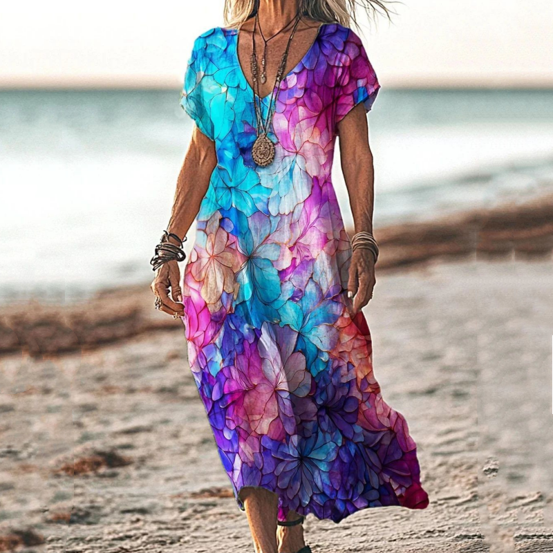 Robe longue imprimée à manches courtes et col en V pour femme