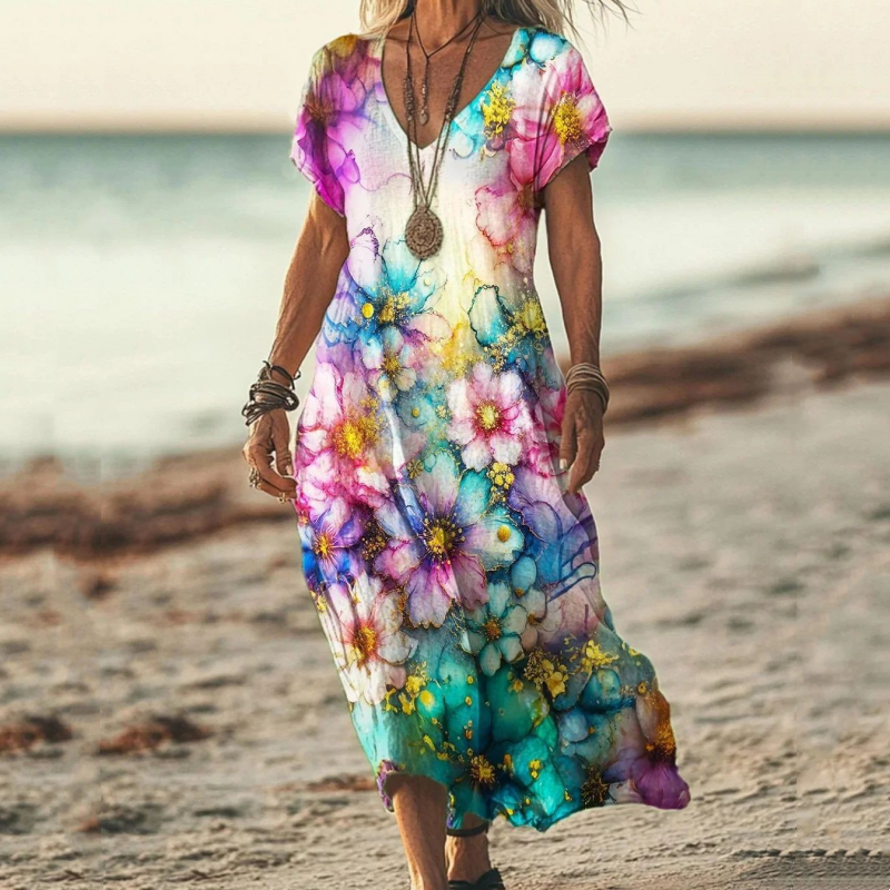 Robe longue imprimée à manches courtes et col en V pour femme