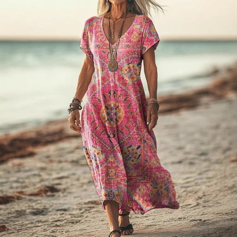 Robe longue imprimée à manches courtes et col en V pour femme