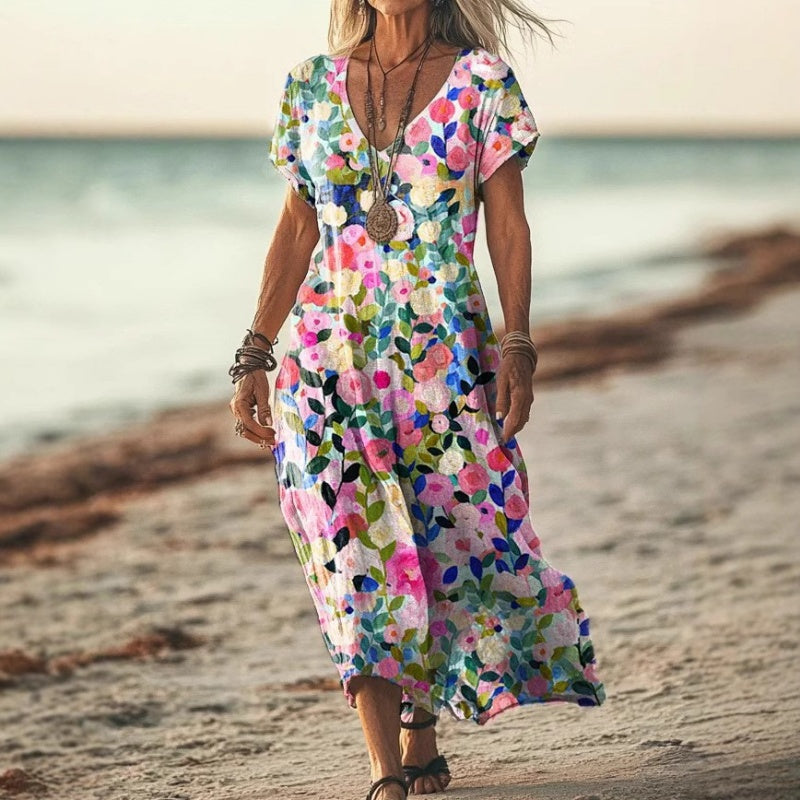 Robe longue imprimée à manches courtes et col en V pour femme
