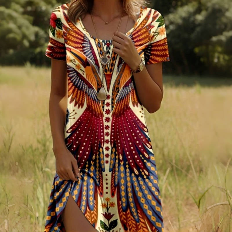Robe à manches courtes à imprimé paon et floral pour femmes