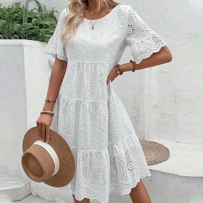 Robe unie à col rond et découpes florales pour femmes