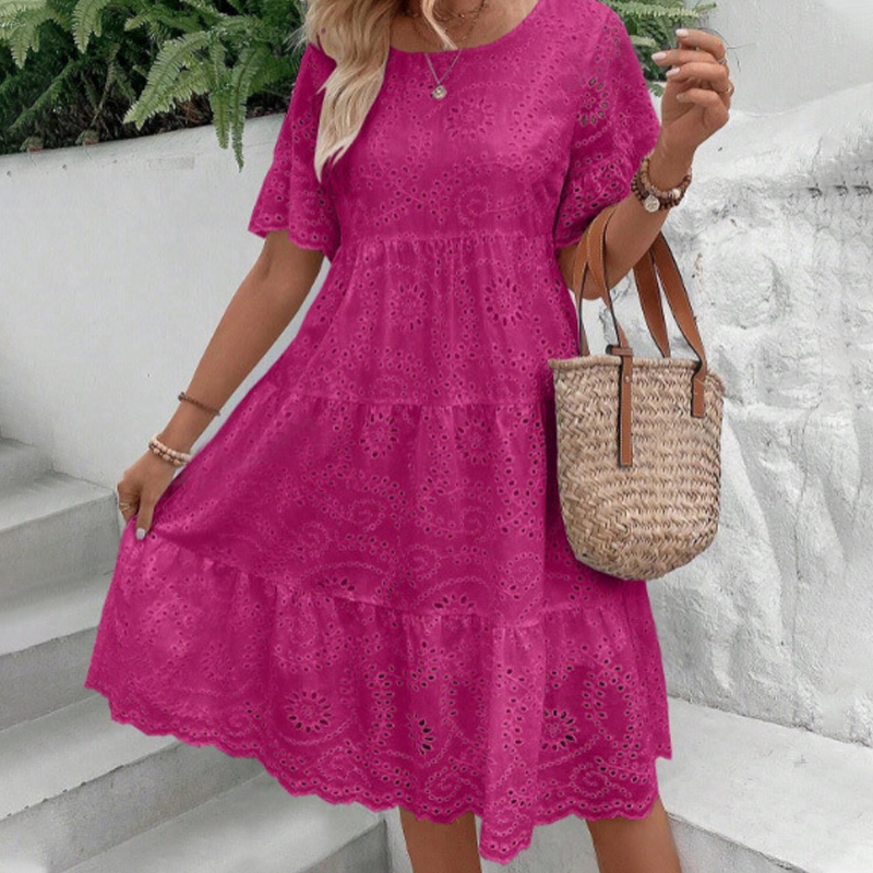 Robe unie à col rond et découpes florales pour femmes