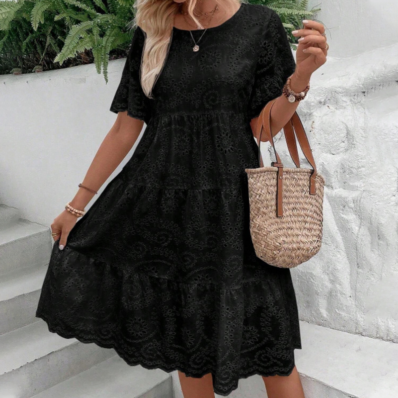Robe unie à col rond et découpes florales pour femmes