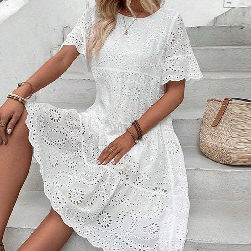Robe unie à col rond et découpes florales pour femmes