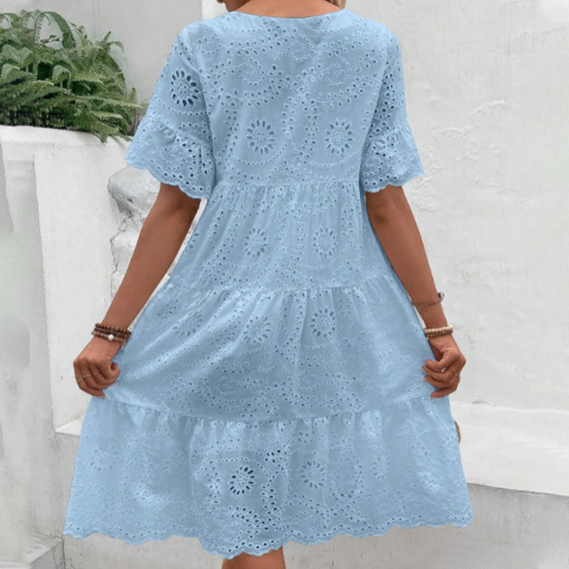 Robe unie à col rond et découpes florales pour femmes