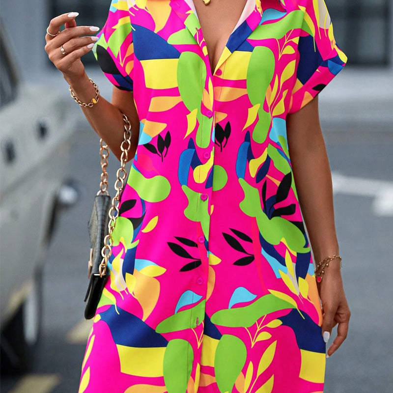 Robe chemise à manches courtes à imprimé floral pour femmes