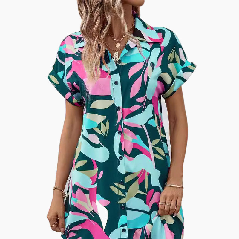 Robe chemise à manches courtes à imprimé floral pour femmes