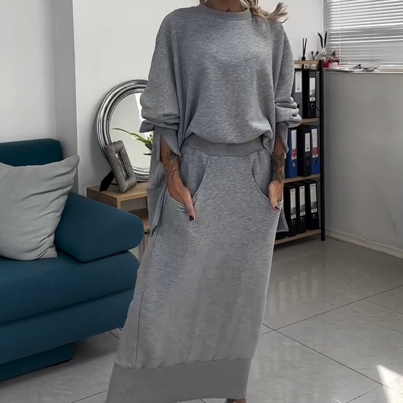 Ensemble 2 pièces sweat-shirt à col rond et jupe pour femme