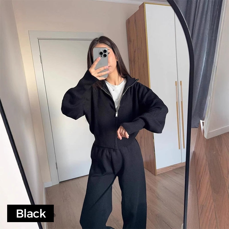 đ„NouveautĂ©s : 50 % de rĂ©duction - Ensemble femme composĂ© d'un haut ajustĂ© Ă fermeture Ă©clair et d'un pantalon large en maille