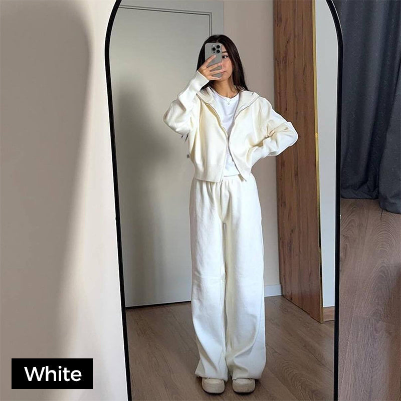 đ„NouveautĂ©s : 50 % de rĂ©duction - Ensemble femme composĂ© d'un haut ajustĂ© Ă fermeture Ă©clair et d'un pantalon large en maille