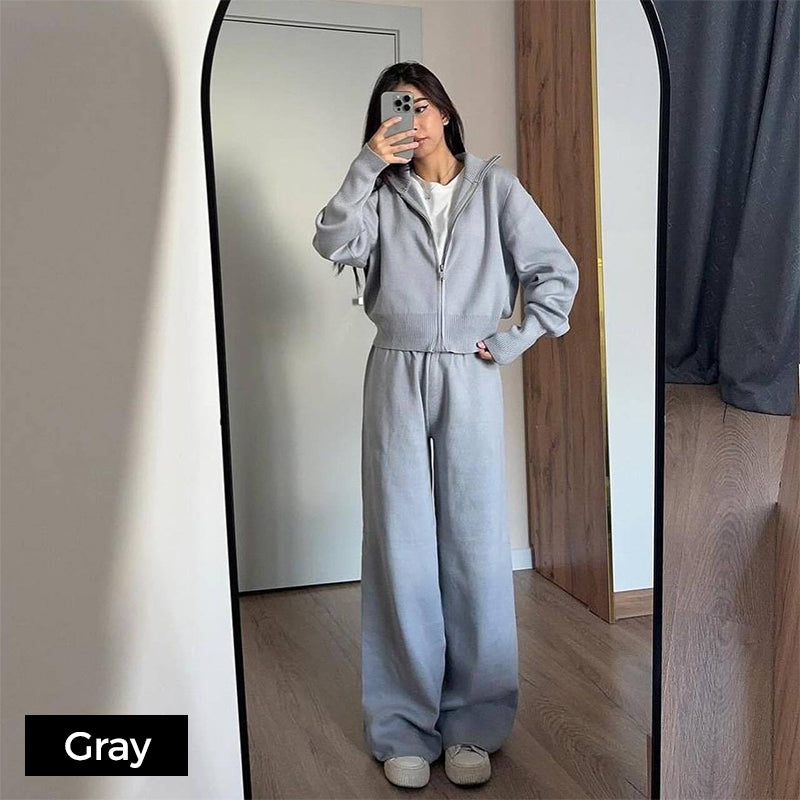 đ„NouveautĂ©s : 50 % de rĂ©duction - Ensemble femme composĂ© d'un haut ajustĂ© Ă fermeture Ă©clair et d'un pantalon large en maille