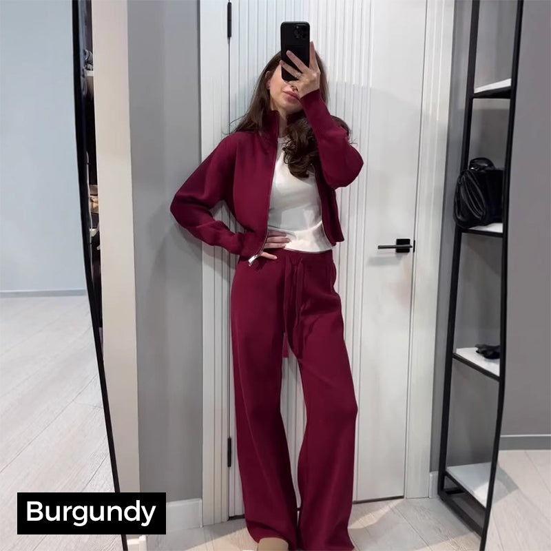 đ„NouveautĂ©s : 50 % de rĂ©duction - Ensemble femme composĂ© d'un haut ajustĂ© Ă fermeture Ă©clair et d'un pantalon large en maille