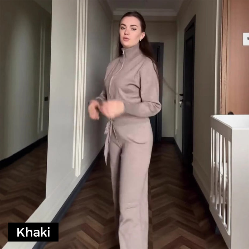 đ„NouveautĂ©s : 50 % de rĂ©duction - Ensemble femme composĂ© d'un haut ajustĂ© Ă fermeture Ă©clair et d'un pantalon large en maille