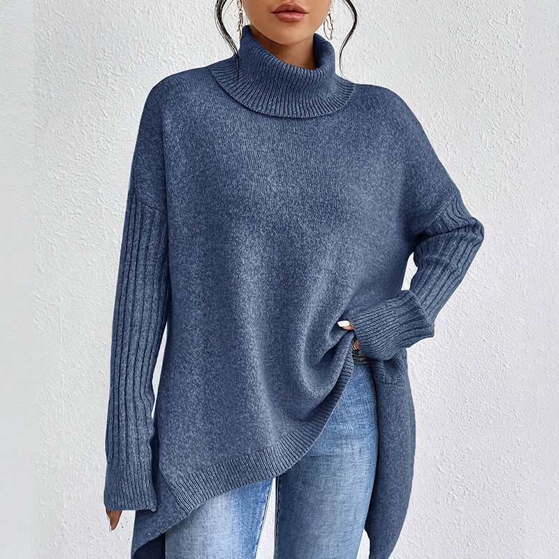 💖Pull femme tendance de couleur unie avec épaules tombantes, col montant et grosse maille