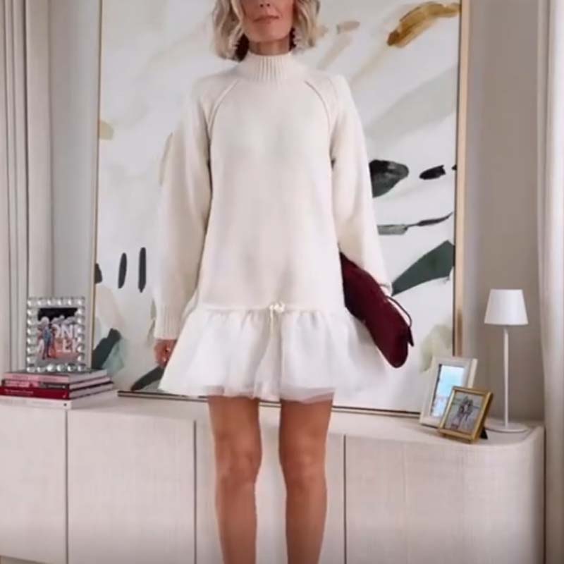 Mini-robe en tulle à col roulé et maille côtelée pour femme