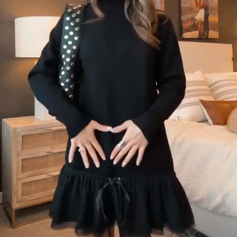 Mini-robe en tulle à col roulé et maille côtelée pour femme