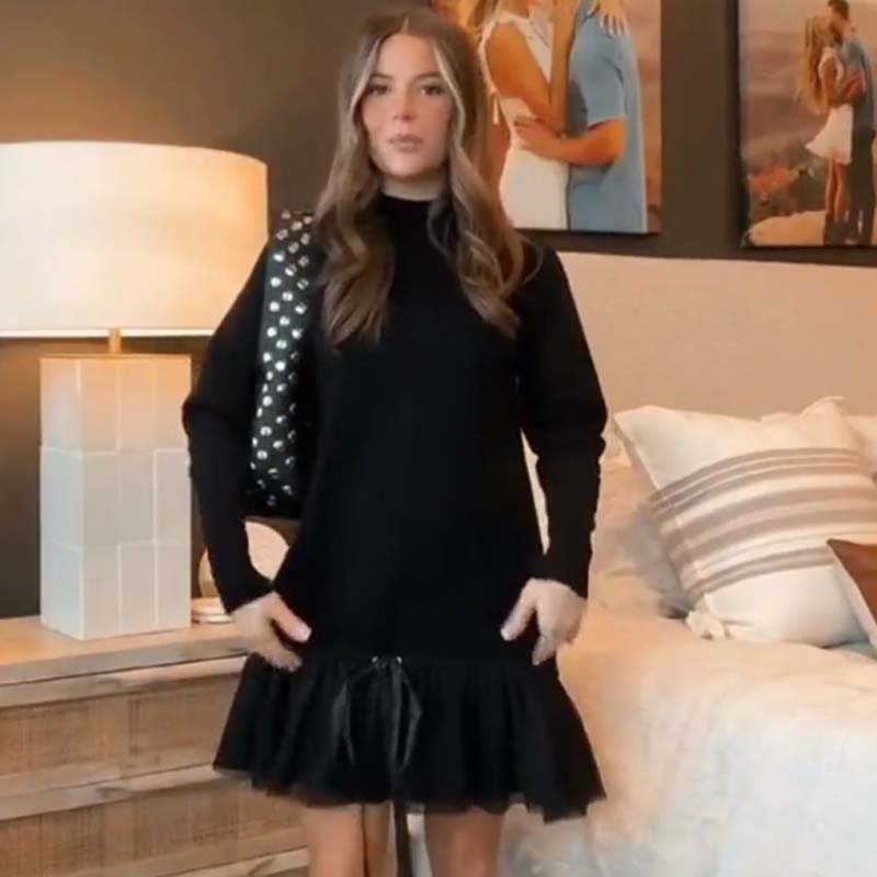 Mini-robe en tulle à col roulé et maille côtelée pour femme