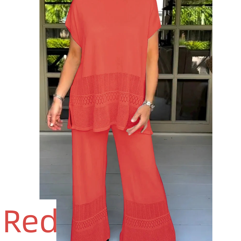 Ensemble deux pièces pour femme, haut à manches courtes et pantalon, couleur unie