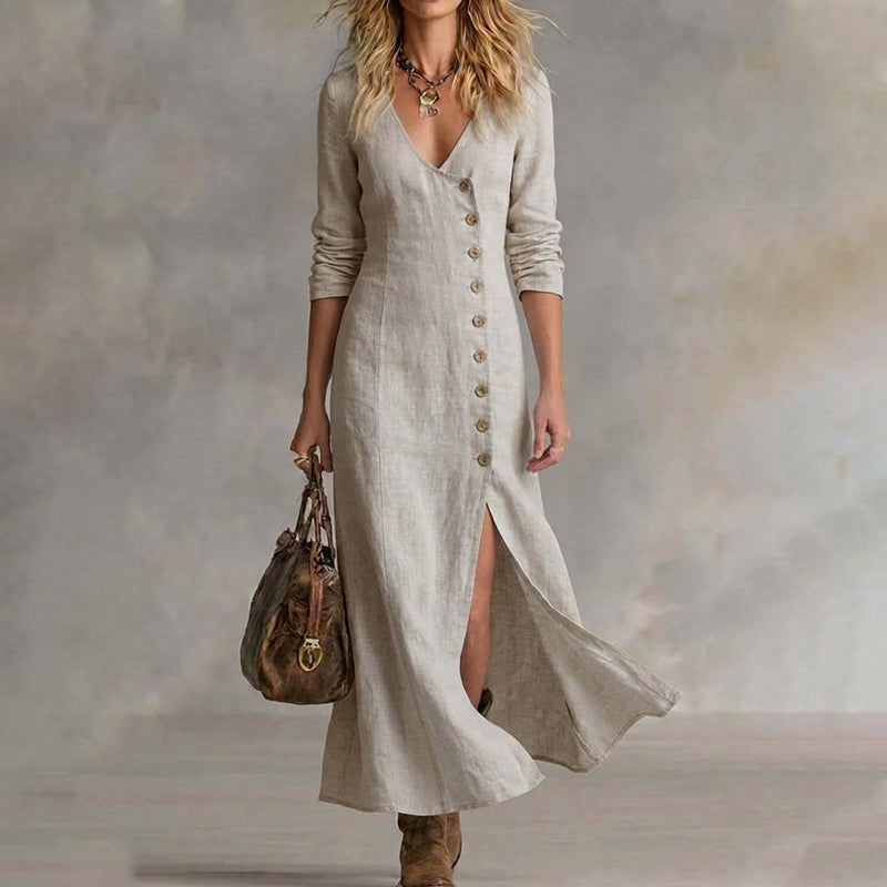 đ„Offre Ă durĂ©e limitĂ©e - Robe longue Ă manches longues, col en V et boutons pour femme