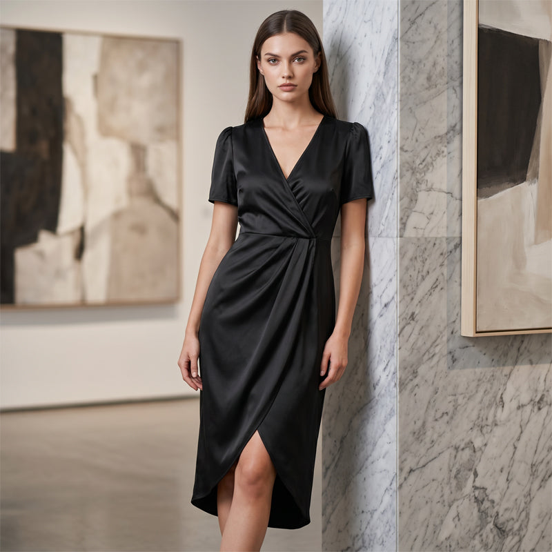 đ„NouveautĂ©s et offres spĂ©ciales - Robe portefeuille asymĂ©trique Ă col en V et manches courtes pour femme