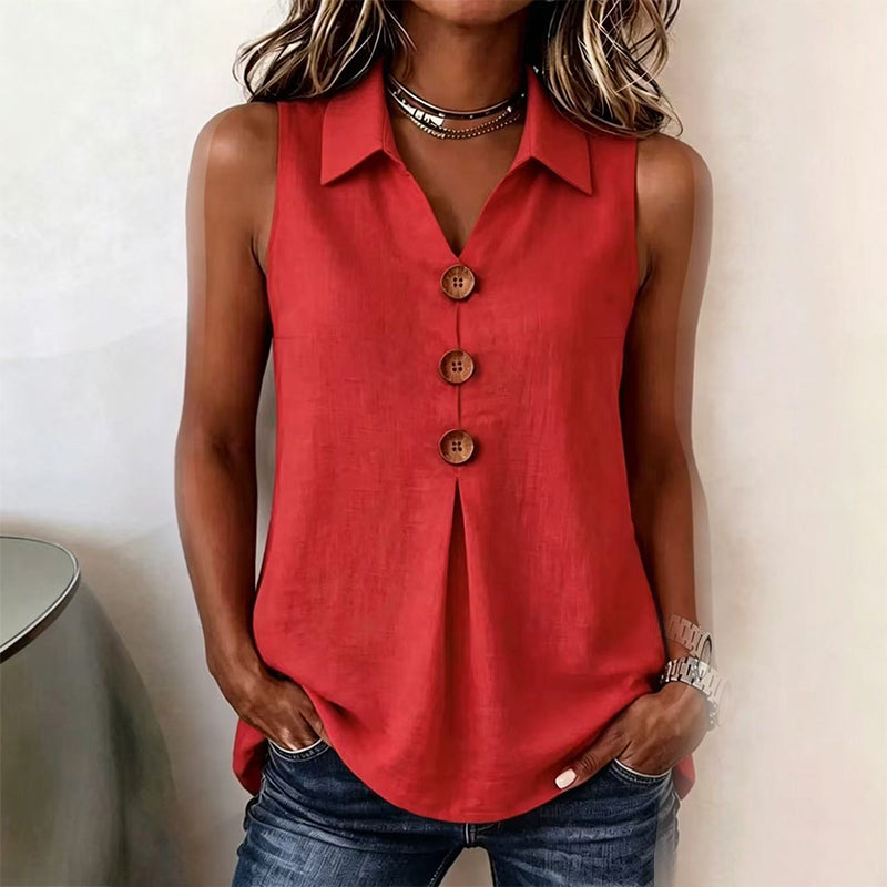 đ Haut Sans Manches Femme Col Chemise en Tissu Lin Coton avec Boutons Bois â Blouse DĂ©contractĂ©e Respirante ĂtĂ©
