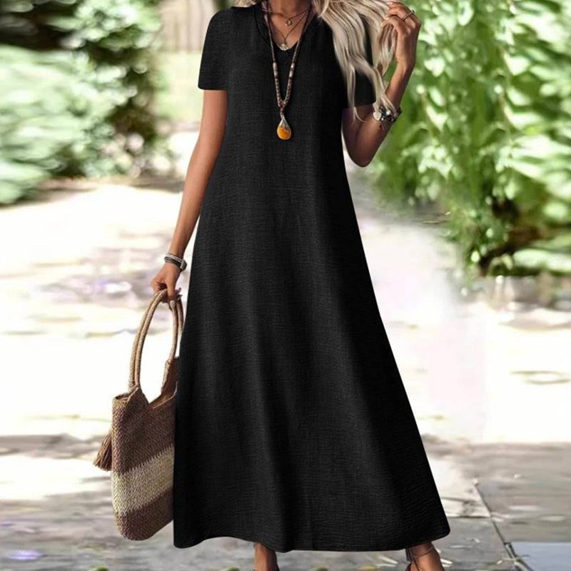 đ„-50% đ Robe Longue Femme Col V Manches Courtes Tissu TexturĂ© LĂ©ger Coupe Ample Fluide