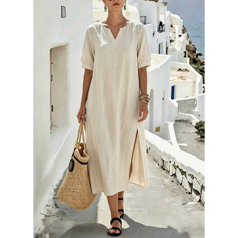 đ Robe longue en lin Ă col en V avec fentes sur les cĂŽtĂ©s