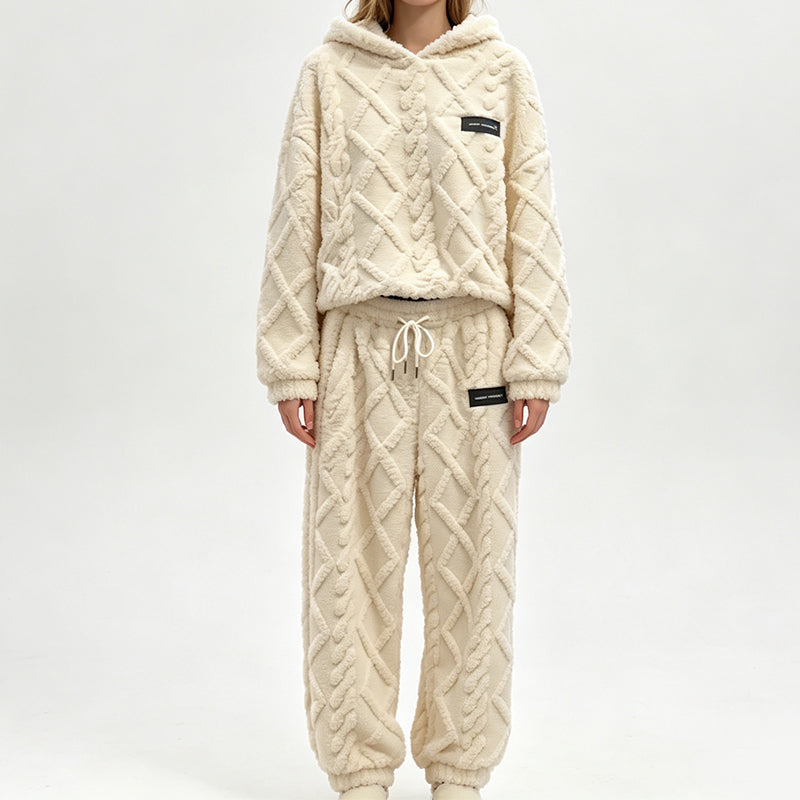 Ensemble sweat à capuche en maille torsadée pelucheuse et pantalon pour femme