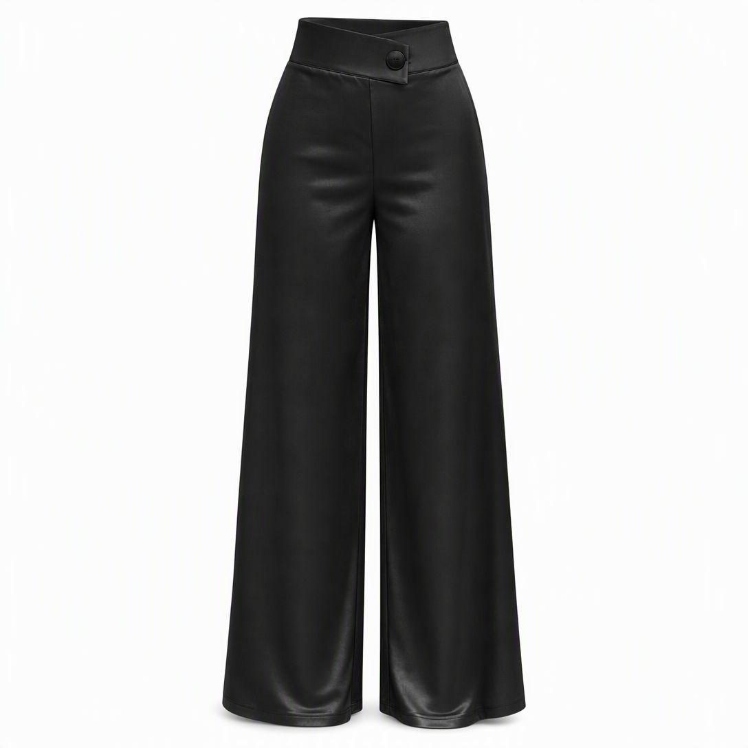 Pantalon élégant en satin à taille haute et jambes larges, avec une taille asymétrique