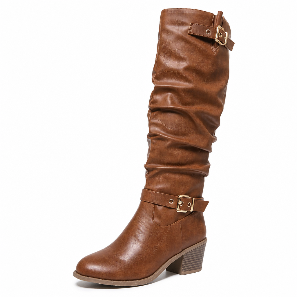Bottes western montantes genouillères pour femmes, bottes d'équitation vintage à talon bloc épais et design slouchy, avec fermeture éclair latérale, boucle et bout rond