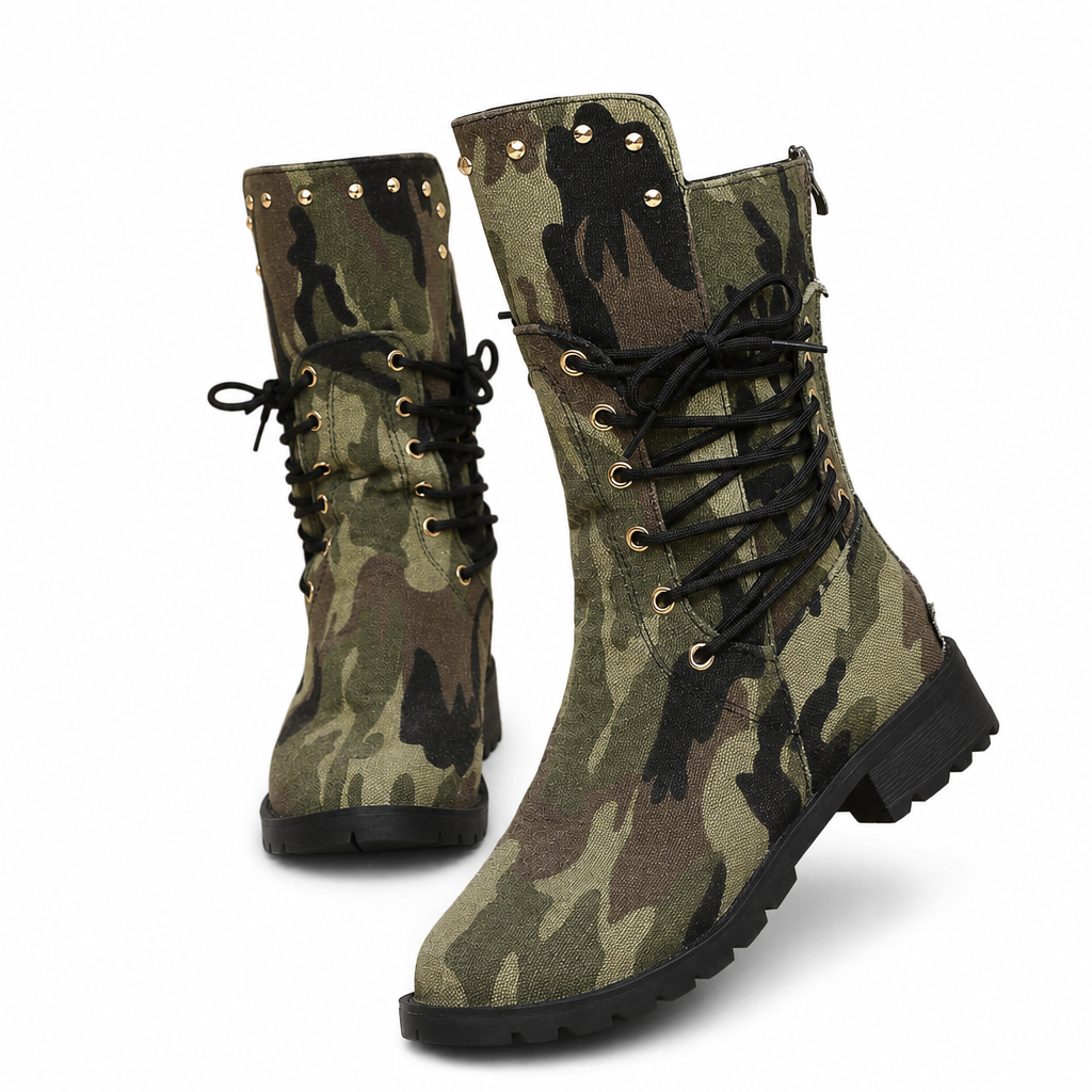 Bottes hautes occidentales rétro style cowboy pour femmes, grandes tailles, bottes hautes à rivets et motif camouflage