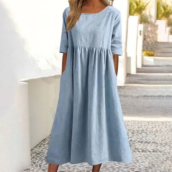 đ„49 % de rĂ©ductionđ„Robe dĂ©contractĂ©e en coton Ă col ras du cou et Ă poches pour femmes (Achetez 2 livraison gratuite)