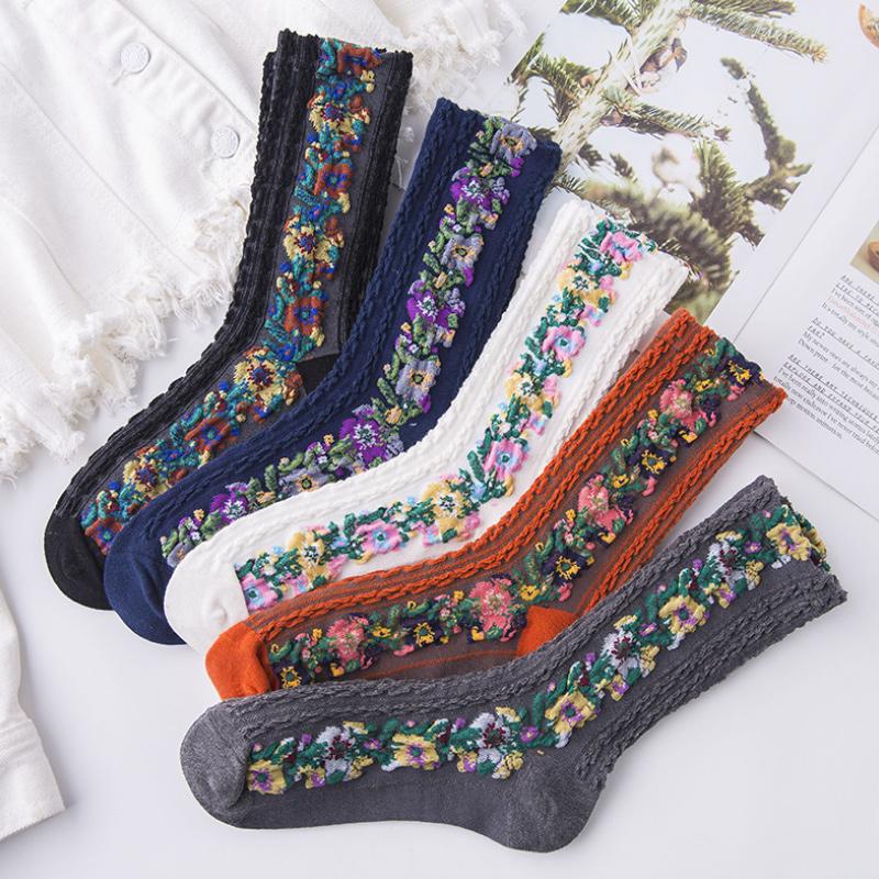 (5 paires) Chaussettes florales brodées vintage