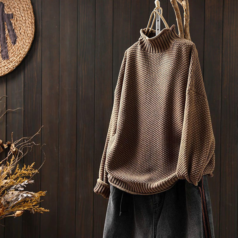 Meilleur cadeau pour elle - Pull rétro tricoté sans serrer avec un col roulé pour les femmes