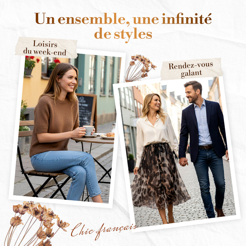 Ensemble deux pièces pour femme composé d'un pull et d'une jupe fluide à imprimé léopard