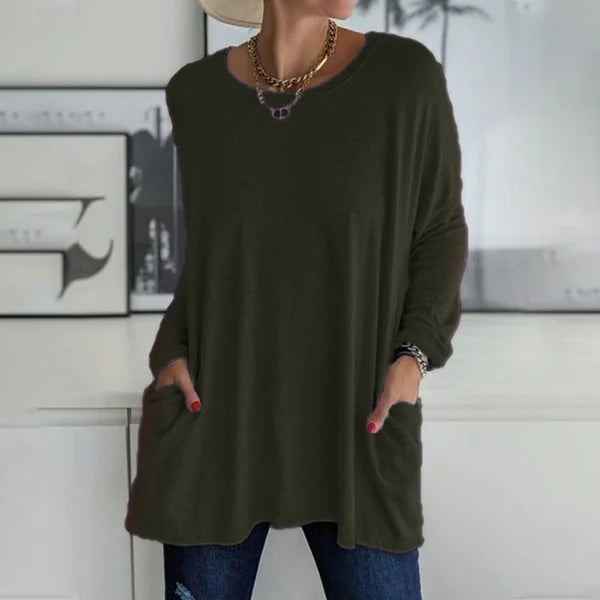 🔥50% DE RÉDUCTION🔥 T-shirt ample femme à manches longues et col rond – Confortable et stylé 👕✨