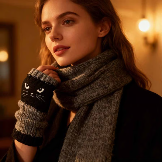 🎁 Promotion du dernier jour 50 % DE RÉDUCTION 🐱 Gants tricotés pour femmes avec motif chat — Pour des mains au chaud et des doigts libres 🧶