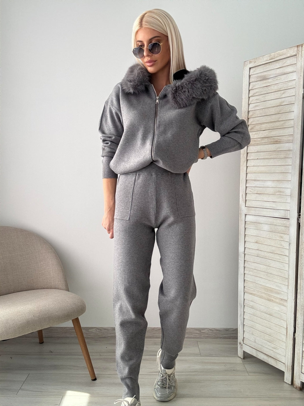 Ensemble sweat à capuche zippé et pantalon de jogging à col en peluche pour femme