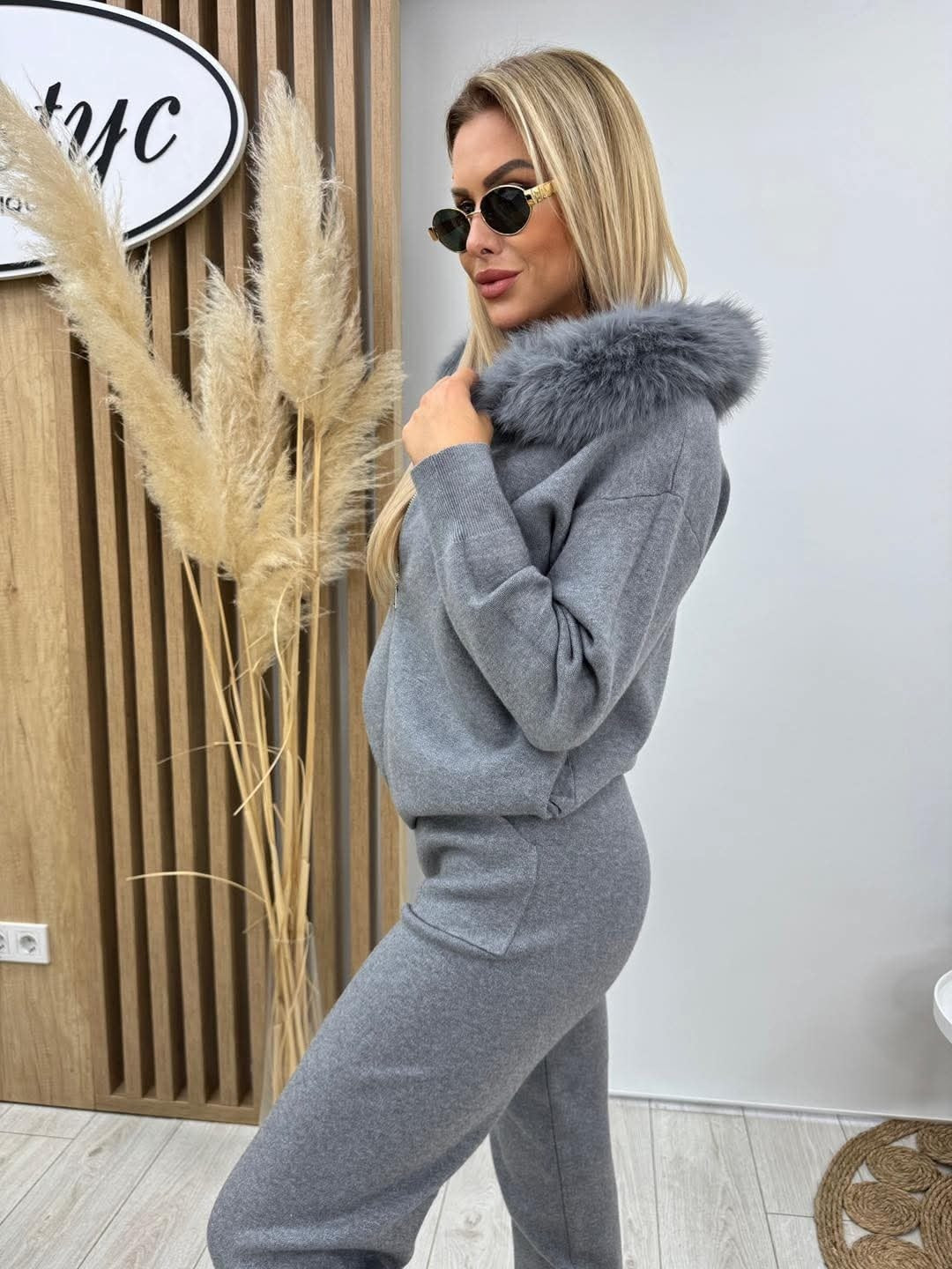 Ensemble sweat à capuche zippé et pantalon de jogging à col en peluche pour femme