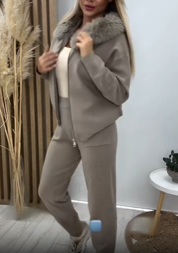 Ensemble sweat à capuche zippé et pantalon de jogging à col en peluche pour femme