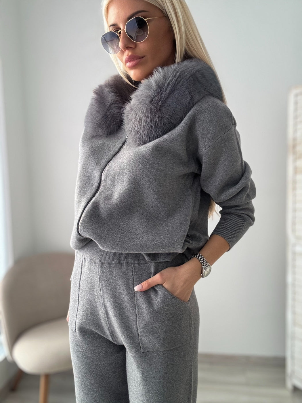 Ensemble sweat à capuche zippé et pantalon de jogging à col en peluche pour femme