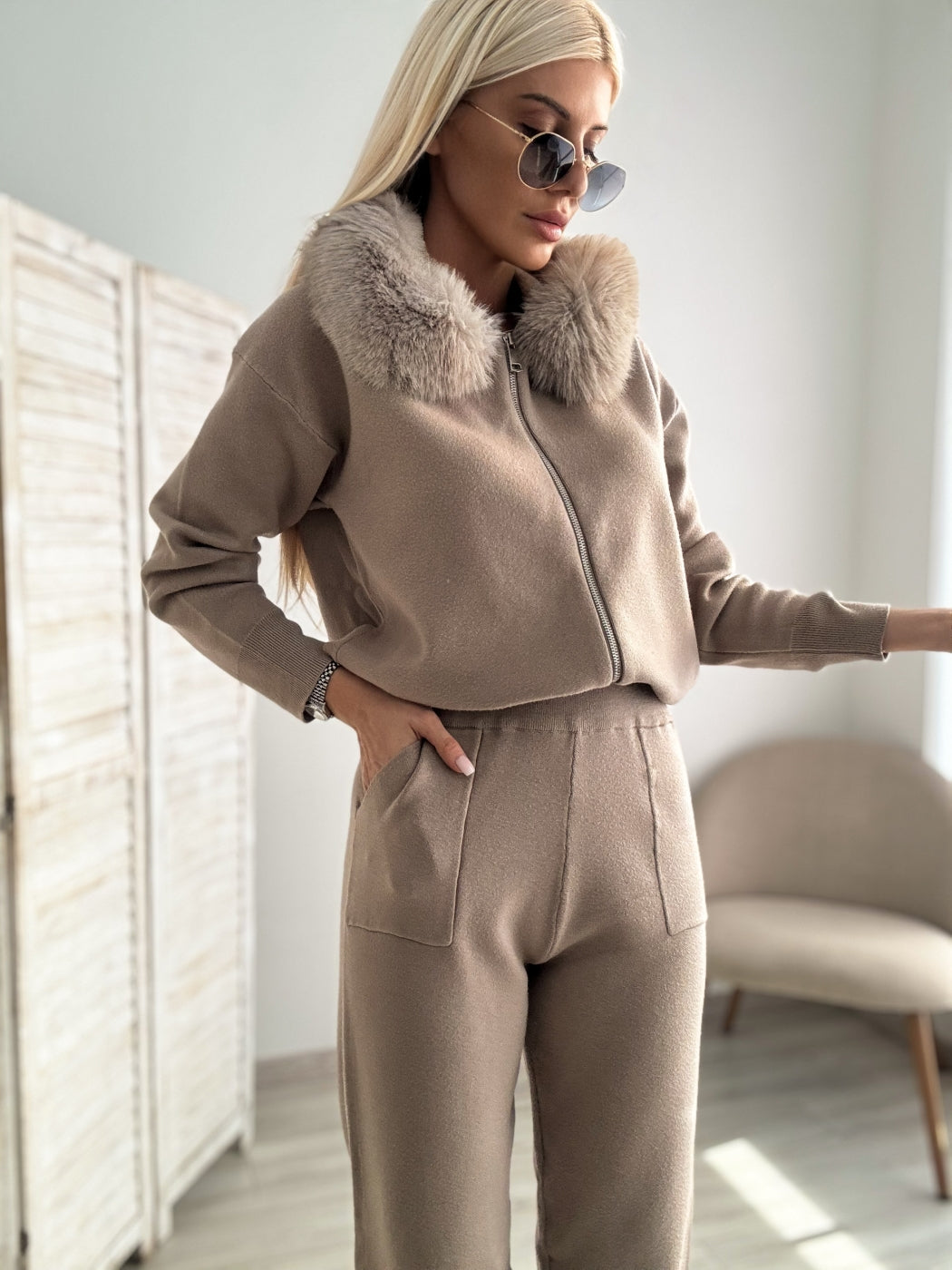 Ensemble sweat à capuche zippé et pantalon de jogging à col en peluche pour femme