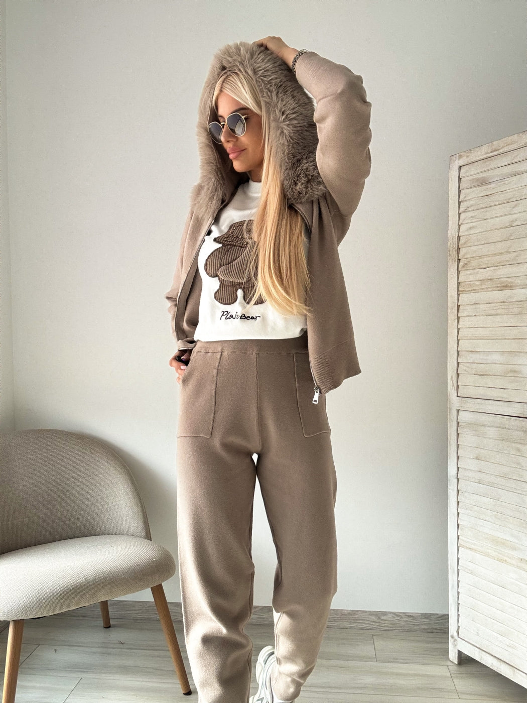 Ensemble sweat à capuche zippé et pantalon de jogging à col en peluche pour femme