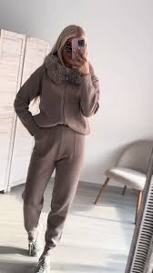 Ensemble sweat à capuche zippé et pantalon de jogging à col en peluche pour femme