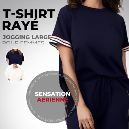 Ensemble de T-shirt Rayé et Pantalon de Jogging à Jambes Larges pour Femmes