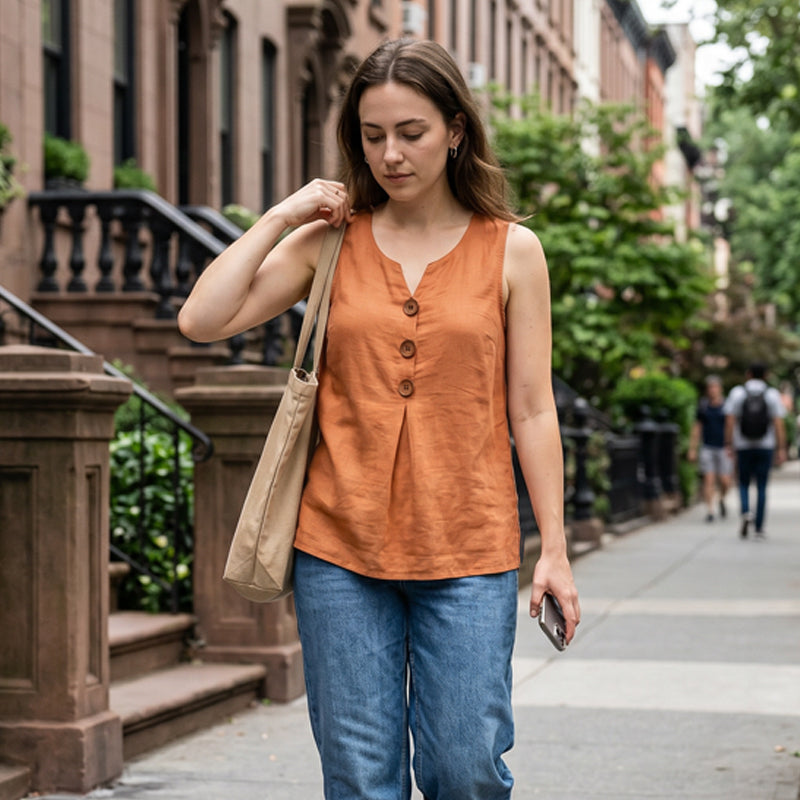 Gilet sans manches en coton et lin à col en V pour femme