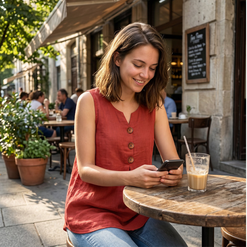 Gilet sans manches en coton et lin à col en V pour femme