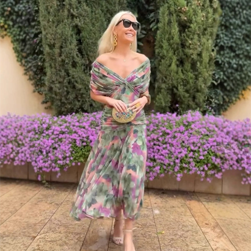 🎁  Vente chaude 58% de réduction 🔥 Robe imprimée à col V hors épaule pour femmes